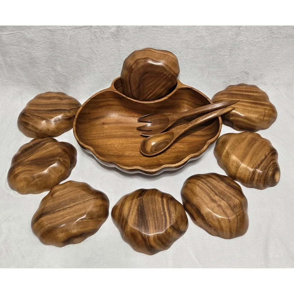 Vintage MCM Tiki Hawaiian Serving Bowl Set Teak Wood Shell‎ Shape Utensils 11 Pc